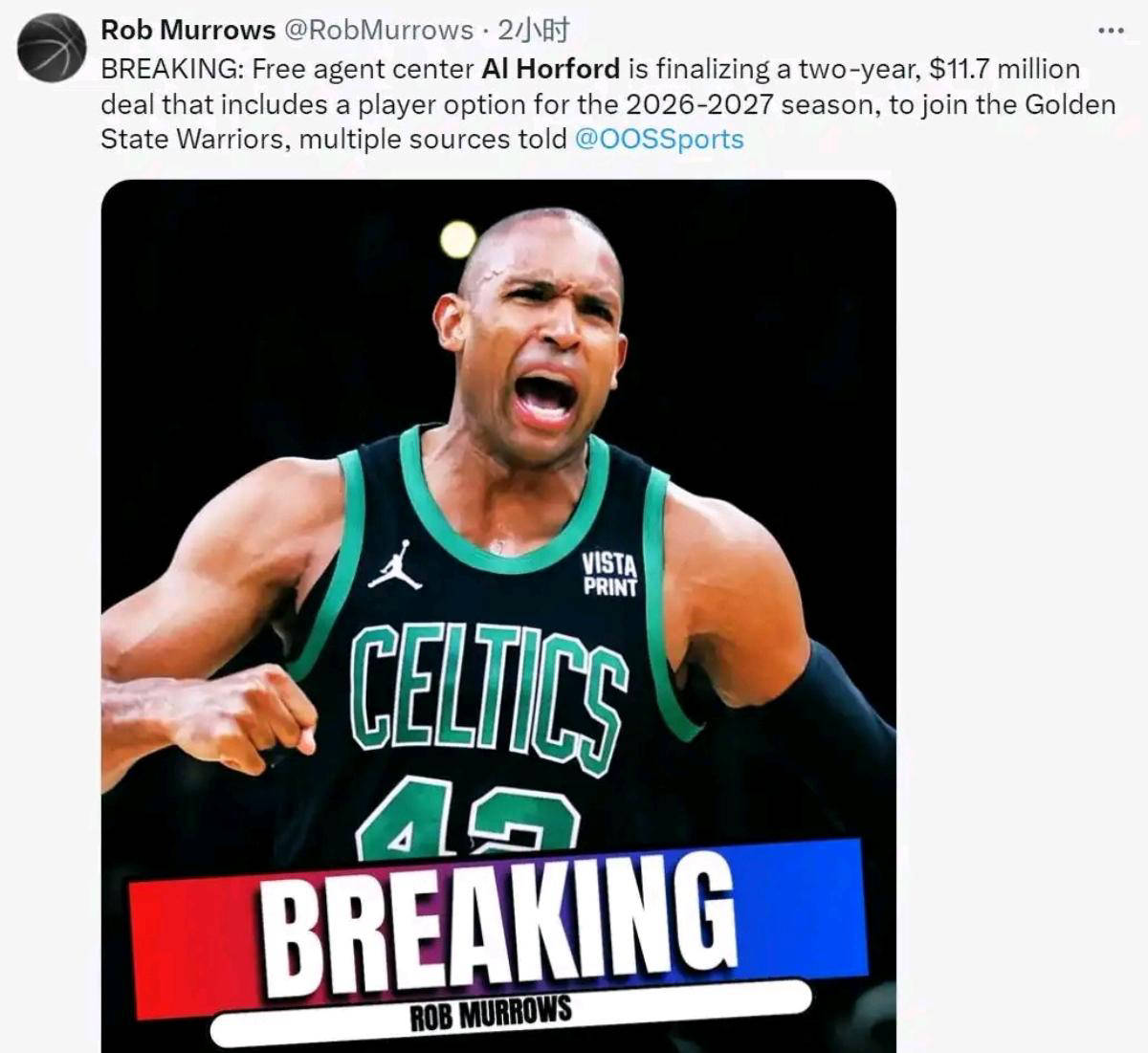 金州勇士正式签约冠军中锋艾尔霍福德！